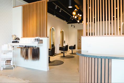 Hair Salon Break Room, Salon Partition Ideas, Salon Entrance Ideas, Wood Divider Wall, Hair Salon Stations, Esthetician Life, Barbershop Design Interior, Salon Life, Spa Interior Design