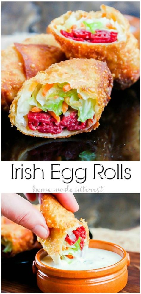 Irish Egg Rolls | Corned beef and cabbage is a classic St. Patrick’s Day recipe. We’ve turned this Irish recipe into an awesome St. Patrick’s Day appetizer. Irish Egg Rolls are all of the classic corned beef and cabbage flavors wrapped up in a crunchy egg rolls and dipped in a creamy parsley sauce. This is an easy St. Patrick’s Day appetizer recipe you don’t want to miss. #stpatricksday #eggrolls #appetizer #cornedbeef Irish Recipes Appetizers, St Patrick's Day Appetizers, St Patricks Food, Parsley Sauce, Chicken Spring Rolls, Corned Beef And Cabbage, Beef And Cabbage, St Patricks Day Food, Egg Roll Recipes