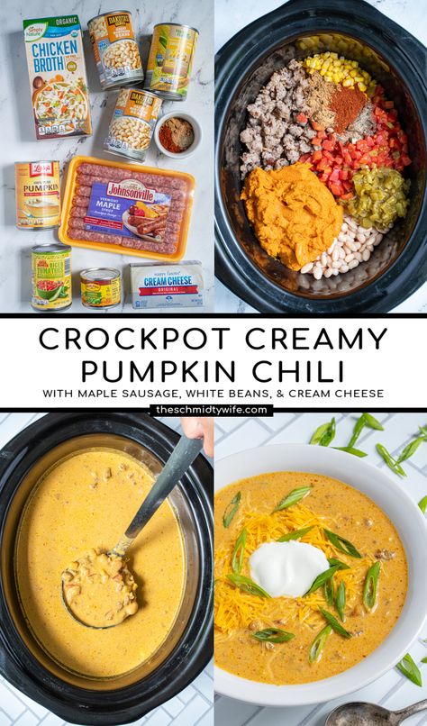 This is the best Crockpot Pumpkin Chili you didn’t even know you needed! This chili is inspired by a white chili base, the pumpkin puree is added with maple breakfast sausage, green chilies, and white beans makes for a unique and cozy fall chili! It is seriously one you don’t want to miss! Fall Crockpot Recipes Chili, Fall Chili Recipes Crock Pot, Unique Crockpot Chili, Crock Pot Fall Soup, Soup Party Ideas Fall, Crockpot Fall Soups, Pumpkin Chili Crockpot, Thanksgiving Chili, Easy Fall Crockpot Recipes