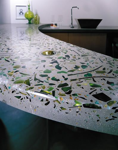 green embedded glass in concrete countertop Bar Top Ideas, How To Make Concrete Countertops, Making Concrete Countertops, Bathroom Concrete, Concrete Countertops Outdoor, Countertops Concrete, Kitchen Remodel Countertops, Countertops Bathroom, Concrete Countertops Kitchen