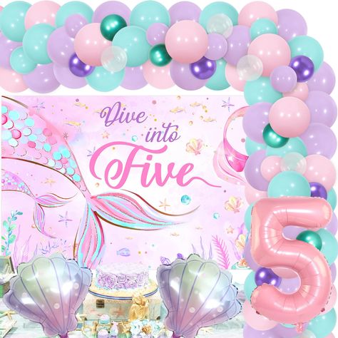 PRICES MAY VARY. What you receive: Our one stop dive into five 5th birthday party decorations contain 45 x macaron balloons 12 inches(15*pink, 15*purple, 15*blue), 18 x macaron balloons 5 inches(6*pink, 6*purple, 6*blue), 12 x balloons 5 inches(5*green, 5*purple, 5*clear), 1 x dive into five backdrop 4.92*3.28ft, 1 x number 5 foil balloon 32inch, 2 x pearl shell foil balloons 20.1*20.1 inches, 1 x 110 holes balloon chain 16.4ft and 1 x 100 rolls of double-sided adhesive dots. Mermaid 5th birthda 3 Themed Birthday Party Girl, Dive Into Five Birthday Girl, Five Year Old Birthday Party Ideas Girl, Dive Into 5 Birthday Party, Fifth Birthday Party Ideas Girl, Girl 5th Birthday Party Themes, 5th Birthday Party Ideas Girl, Girls 5th Birthday Party Ideas, 5th Birthday Ideas For Girls Themes