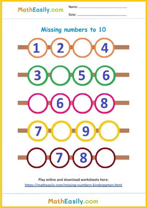 Fill In The Missing Numbers 1-10 Free, Missing Number Worksheets 1-10, Missing Numbers Kindergarten, Missing Numbers Worksheet, Number Activities Kindergarten, Missing Number Worksheets, Maths Activity, Numbers Activity, Number Worksheets Kindergarten