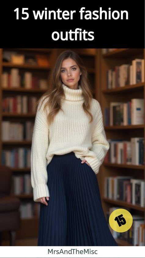 winter fashion outfits Turtleneck Sweater With Skirt, Chunky Sweater Outfit Skirt, How To Wear A Pleated Skirt Winter, Long Wool Skirt Outfit Winter, Winter Pleated Skirt Outfit, Sweater Skirt Outfit Winter, Sweater And Skirt Outfit Winter, Sweater And Long Skirt Outfit, Pleated Skirt Winter Outfit