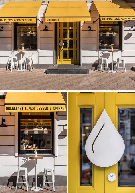 JK Lab Architects Have Designed A New Cafe In Ukraine Cafe Door Design, Yellow Coffee Shop, Yellow Restaurant, Cozy Cafe Interior, Cafe Exterior, Cafe Door, White Cafe, Modern Cafe, News Cafe