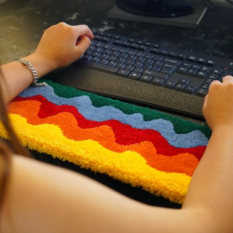 Handmade Keyboard Rug by chromazonetr on Etsy Keyboard Rug, Rug Punch Needle, Handmade Wall Hangings, Comfortable Workspace, Waves Pattern, Clay Ornaments, Wrist Support, Diy Rug, Types Of Yarn