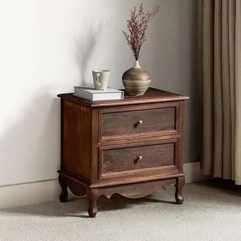 Amazon.com: HULALA HOME Wood Nightstand with Charging Station Space, 24" W Bedside Table 2 Drawer Dresser with 2 Drawers, French Storage End Table with Wooden Legs for Bedroom Living Room,Walnut : Home & Kitchen French Bedside Table, Brown Bedside Table, Antique Bedside Table, Antique Bedside Tables, 2 Drawer Dresser, French Bedside Tables, Dark Wood Bed, Nightstand With Charging Station, Wood Bedside Table