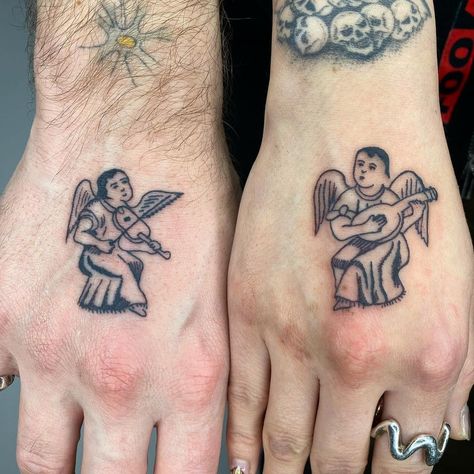 ☆LLeweLLyn Mejia☆ folk tattoos on Instagram: “Two matching angels serenading each other for two lovers 💕👼👼” Folk Tattoos, Two Lovers, Angel, Tattoos, On Instagram, Instagram