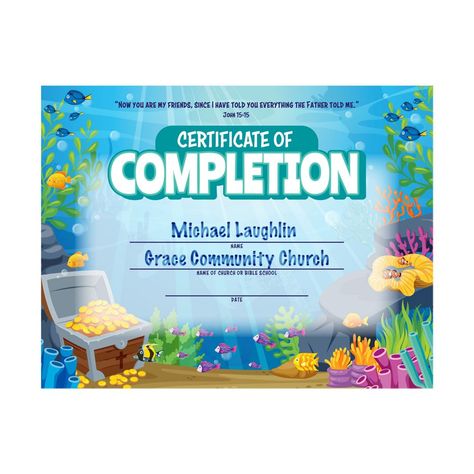 Cap of your kids' week of faith and fun by handing out these Under the Sea VBS completion certificates. Decorated with ocean-themed imagery, a Bible verse and spaces for the student's name, Bible school's name and date, these slips are a fun memento and can be taken home to be displayed on the fridge, mantel or bedroom nightstand. Paper. (25 pcs. per unit) 11" x 8 1/2" © OTC Sunday School Classroom Decor, Sunday School Classroom, School Date, Vbs 2024, Bedroom Nightstand, Vbs Ideas, You Are My Friend, Certificate Of Completion, Sunday School Lessons