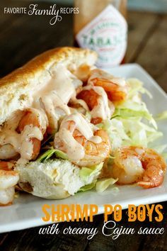 These literally took 15 minutes for me to make from start to finish. They are DELICIOUS and the sauce is my new favorite thing! #shrimp #poboys Shrimp Po Boy Recipe, Macncheese Recipe, Creamy Cajun Sauce, Ultimate Sandwich, Cajun Sauce, Shrimp Po Boy, Brunch Buffet, Shrimp Dishes, Think Food