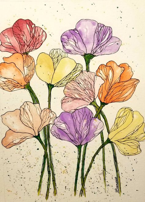 Watercolor Flowers Pen Outline, Watercolor Outlined In Pen, Watercolor With Black Pen, Pen Over Watercolor, Sharpie And Watercolor Art, Watercolor And Pen Art Illustrations, Watercolor And Pen Art, Flower Hd, Journal Watercolor