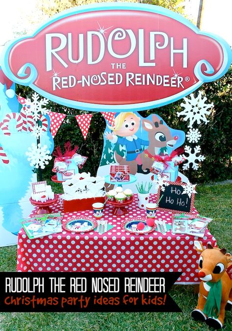 LAURA'S little PARTY: Rudolph The Red Nosed Reindeer | Christmas Party Ideas Rudolph Party Decorations, Rudolph The Red Nosed Reindeer Christmas Decor, Rudolph Party Ideas, Rudolph Birthday Party, Rudolph Party, Reindeer Christmas Party, Claymation Christmas, Reindeer Party, Homeschool Christmas