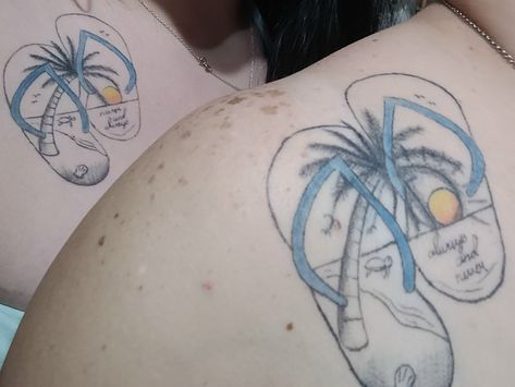 Beach Themed Matching Tattoos, Flip Flop Tattoo Ideas, Flip Flop Tattoos For Women, Flip Flop Tattoo, Kiss Tattoos, Themed Tattoos, Shoe Tattoos, Palm Tattoos, Palm Tree Tattoo