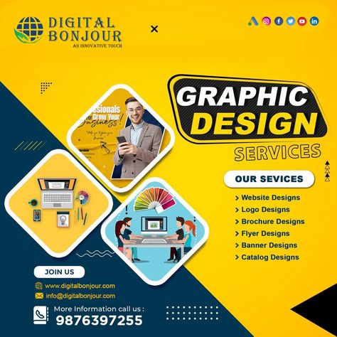 Looking for stunning graphic design services? We offer:- ✅ Website Design ✅ Logo Design ✅ Brochure Design ✅ Flyer Design ✅ Banner Design ✅ Catalog Design and Much More 🚀👨‍🎨💻 📲Call us now:- +91 9876397255 📧 Email:- info@digitalbonjour.com 🌐 Website:- www.digitalbonjour.com #DigitalBonjour #DesignServices #GraphicDesigners #CreativeDesigns #ProfessionalDesigns #OnlineDesign #BusinessDesigns #MarketingDesigns #AffordableDesigns #Branding #WebDevelopment #Logo #OnlineMarketing Sample Flyers, Healthcare Ads, Cafe Poster, Service Poster, Brochure Graphic, Awesome Posters, Digital Advertising Design, Casino Table, Graphic Design Brochure