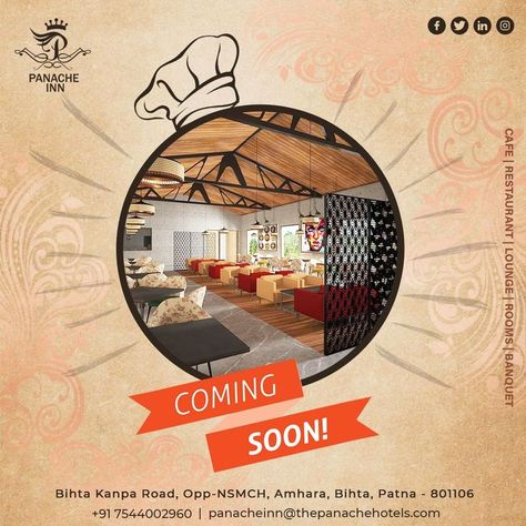 Panache Inn Coming soon in Bihta.. Call us : +91 7544002960 Visit us : www.thepanachehotels.com #Panacheinn #openingsoon #seeyousoon #openingSoonInBihta #hotelsofbihta #biharbest #gocheckitout #welcomeback #outnow‼️ #countdown #clients #Patna #Bihar Restaurant Coming Soon Creative Ads, Coming Soon Restaurant Poster, Patna Bihar, Restaurant Poster, Party Hall, Restaurant Lounge, Coming Soon Page, See You Soon, Creative Ads