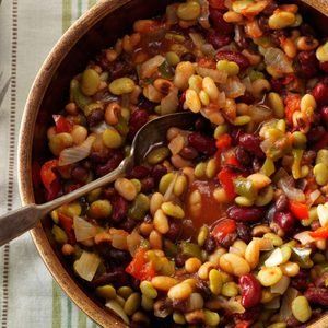 Slow-Cooked Bean Medley Recipe: How to Make It | Taste of Home Potluck Dinner, Gluten Free Sides, Veggie Delight, Beans Recipe, Potluck Recipes, Baked Beans, Taste Of Home, Bean Recipes, Black Eyed Peas