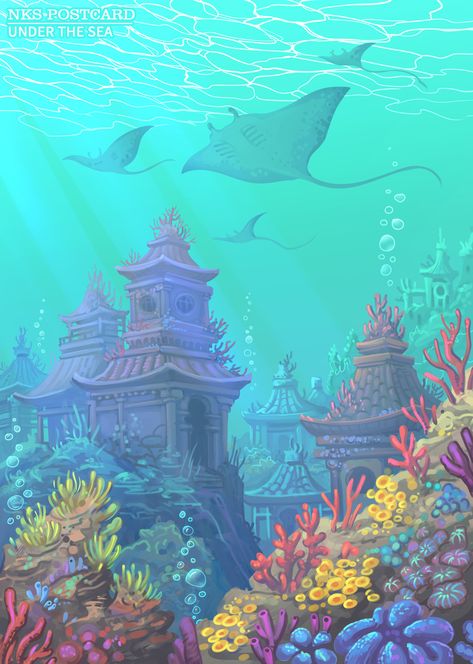 Underwater Landscape Art, Ocean World Art, Water World Fantasy Art, Fantasy Sea Art, Under Water Illustration Ocean, Underwater Illustration Art, Underwater Art Illustration, Underwater World Drawing, Undersea Drawing