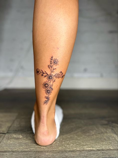 Cross Leg Tattoo For Women, Christian Thigh Tattoo Women, Floral Cross Tattoo, Achilles Tattoo, Sister Tat, Tattoo Cross, Christian Tattoo, Verse Tattoos, Favorite Tattoos