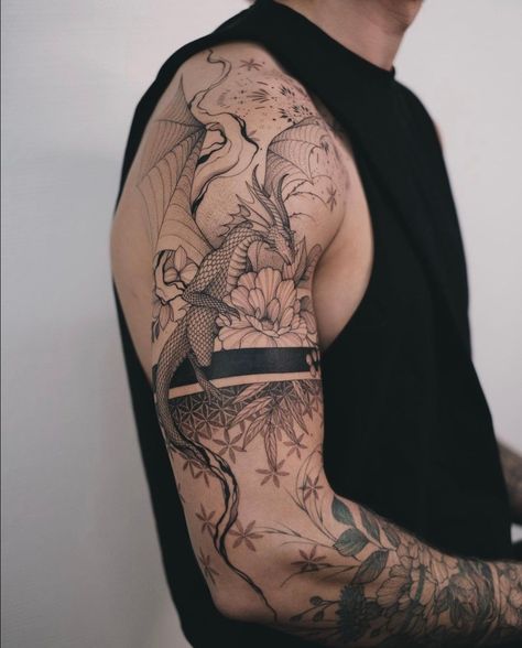 Modern Half Sleeve Tattoo For Men, Men’s Floral Arm Tattoo, Floral Sleeve Tattoo For Men, Tattoo Sleeve Men Aesthetic, Nature Sleeves For Men, Flower Tattoos Sleeve Men, Floral Arm Tattoo Men, Abstract Half Sleeve Tattoo, Men’s Floral Sleeve Tattoo