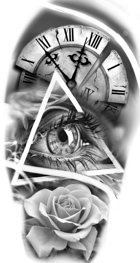 Eye And Clock Tattoo Design, Dove And Rose Tattoo, Compas Tattoo, Clock And Rose Tattoo, Realistic Eye Tattoo, Arm Tattoos Drawing, Mangas Tattoo, Pocket Watch Tattoos, Chicano Tattoos Sleeve