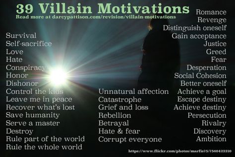 39 Villain Motivations to jump start your novel. http://www.darcypattison.com/revision/villain-motivations/  #amwriting #villain #antagonist Cody Christian, Writing Characters, Liam Neeson, Liv Tyler, Reading Romance, Writers Write, Book Writing Tips, Jeremy Renner, Writing Resources