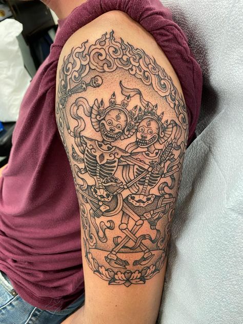 First Tattoo and the start to my sleeve - Citipati by Jade Quail at Paper Crane Studio #tattoos #tattoo #beauty Citipati Tattoo, Buddhist Tattoo Sleeve, Quail Tattoo, Buddhist Tattoos, Tibetan Tattoo, Dance Tattoo, Buddhist Tattoo, Trending Tattoos, Tattoo Japanese