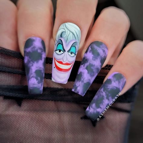 Villain Nails Disney, Ursula Nail Art, Disney Villain Nails Simple, Villains Nails, Villian Nails, Ursula Nails, Disney Villian Nail Art, Disney Villain Nails Ursula, Disney Villain Nails