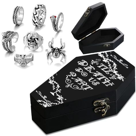 Coffin Ring Box Wedding, Cute Ring Boxes, Goth Wedding Decorations, Bat Rings, Goth Wedding Ring, Multifunctional Jewelry, Gothic Wedding Decorations, Black Wedding Ring Sets, Halloween Wedding Decorations