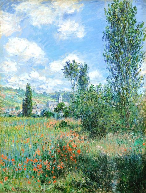 View of Vétheuil (1880) by Claude Monet, high resolution famous painting. Original from The MET. Digitally enhanced by rawpixel. | free image by rawpixel.com / The Metropolitan Museum of Art (Source) Artist Monet, Monet Poster, Istoria Artei, Claude Monet Paintings, Claude Monet Art, Plein Air Landscape, Monet Art, Monet Paintings, Hieronymus Bosch