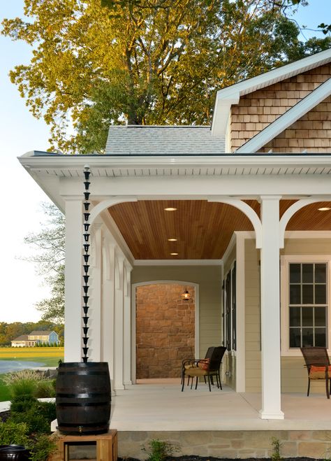 Rain gutter downspouts.... on each side of the front door!? Elberton Way, French Country Front Porch, Traditional Porch, Plan Image, Southern Living House Plans, Porch Columns, Porch Posts, Building Company, Rain Chain