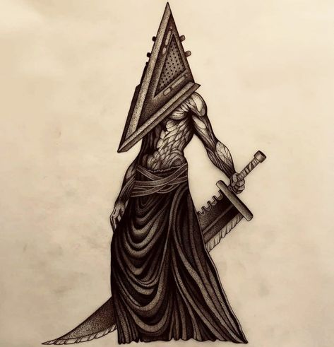 Silent Hill Art, Pyramid Head, Scary Movie Characters, Eyes Artwork, Gaming Tattoo, Horror Tattoo, Head Tattoos, Dark Art Drawings, Black Ink Tattoos