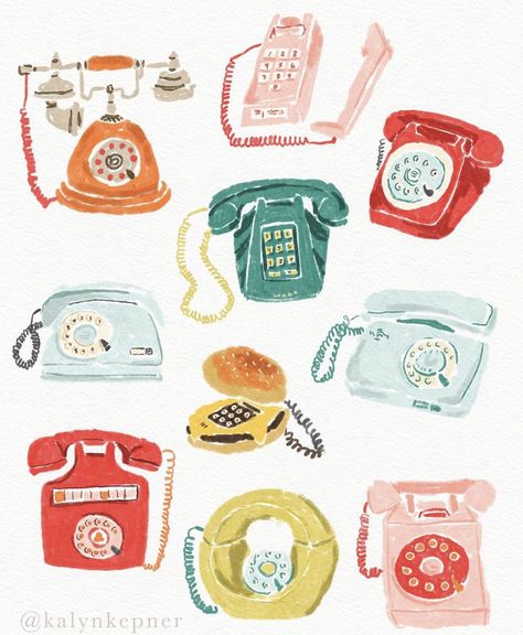 Vintage Phones, Vintage Telephone, 수채화 그림, Arte Sketchbook, Telephones, The 70s, Photo Reference, Artsy Fartsy, 그림 그리기