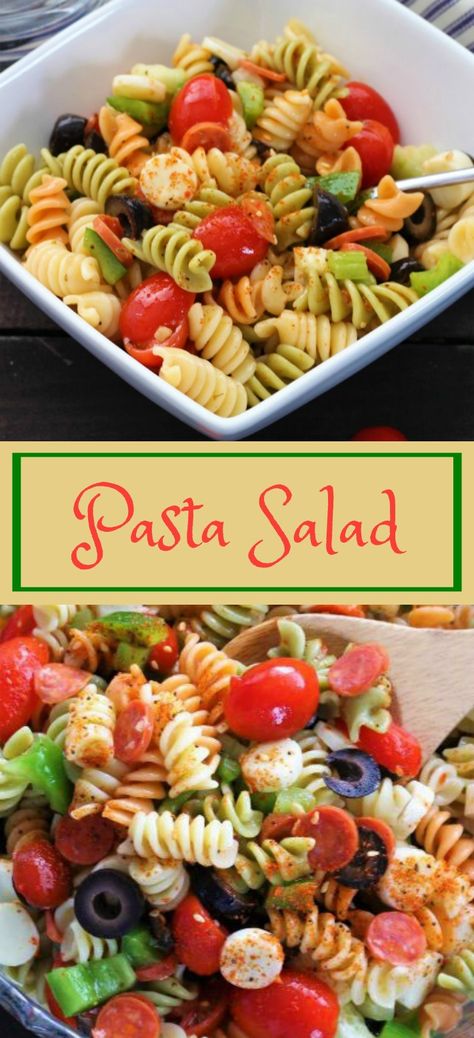 Pasta Salad is a great combination of mozzarella and pepperoni minis mixed with pasta, fresh vegetables, and of course that Zesty Italian Dressing. Don't you just love that the Italian Dressing soaks into the noodles. It even seems to find it's way into the inside of those little noodle spirals for added flavor.   Pasta salad is a perfect side dish served with a hamburger off the BBQ grill. And it is always a huge hit at a potluck.   Add this pasta salad recipe to your salad recipe collection. Spiral Macaroni Salad, Spiral Noodle Pasta Salad, Spiral Noodle Recipes Pasta, Italian Noodle Salad, Spiral Pasta Recipes, Hamburger Sides, Spiral Pasta Salad, Italian Dressing Pasta Salad, Hamburger Side Dishes