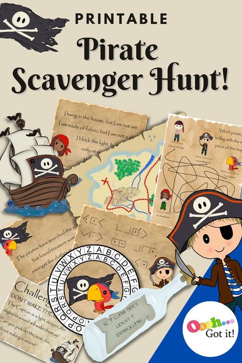 Ahoy matey! So yer looking for a fun pirate party game? Turn an ordinary scavenger hunt into a real pirate adventure with our printable pirate treasure hunt clues, codes and puzzles. Print and play today! Pirate Treasure Hunt For Kids, Pirate Scavenger Hunts, Pirate Treasure Hunt, Pirate Party Games, Indoor Scavenger Hunt, Treasure Hunt For Kids, Rainy Day Activities For Kids, Birthday Party Game, Lost Treasure