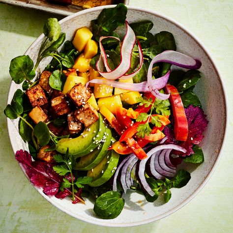 High Fiber Low Carb Recipes, Balsamic Tofu, Avocado Tofu, High Fiber Low Carb, Tofu Salad, Mango Avocado, Fresh Salad Recipes, Honey Balsamic, Watercress Salad