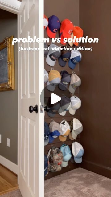 Sonya | Decorate, Declutter, DIY on Instagram: "🧢 storage SOLVED! 
Why did we not do this sooner?! Hat display for Ray is hidden behind the door in our bedroom. Perfect solution for all those baseball hats. 

#homeorganization #hatorganization #tidyhome #tidyhometidymind" Bedroom Hat Display, Baseball Storage Ideas, Hat Shelf Ideas, Ball Cap Storage Ideas, Hat Display Ideas Wall, Diy Hat Storage, Ball Cap Storage, Diy Hat Display, Trophy Shelves