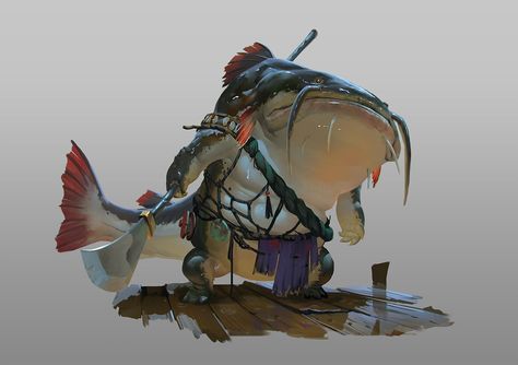 ArtStation - Catfish Guard, Rudy Siswanto Dnd Ideas, Dungeons And Dragons Characters, Dungeons And Dragons Homebrew, Fantasy Monster, Monster Design, Creature Concept Art, Character Ideas, Creature Concept, 영감을 주는 캐릭터