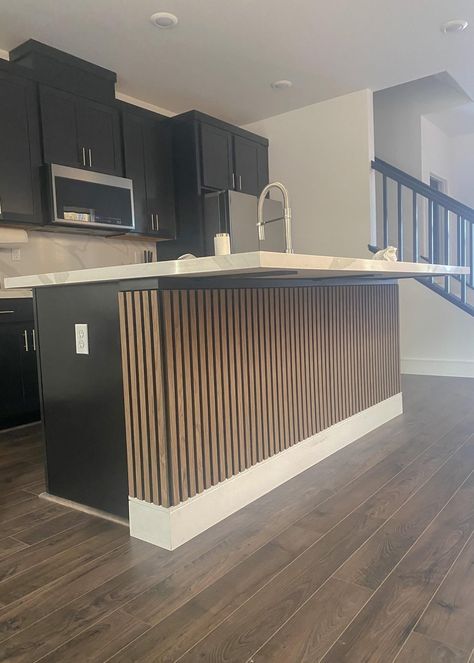 Panels On Kitchen Island, Kitchen Side Wall Ideas, Wood Slats On Kitchen Island, Island Wrapped In Wood, Slatted Kitchen Island, Wooden Slat Kitchen Island, Kitchen Island Kick Wall Ideas, Slat Wall Kitchen Island, Kitchen Island Wood Slats