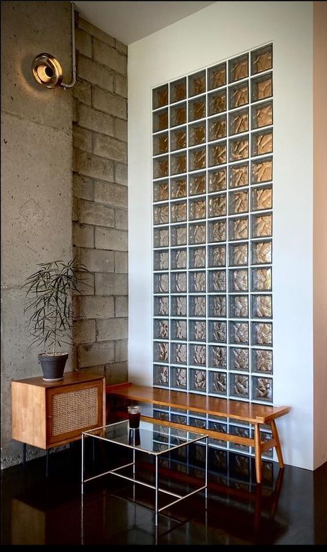 Glass Brick Partition Wall, Glass Brick Interior Design, Bathroom Glass Bricks, Glass Brick Wall Living Room, Glass Blocks Wall Living Room, Glass Brick Partition, Glass Brick Wall, Art Deco Home Design, Glass Divider