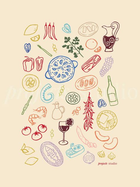 Spain Decor Spanish Style, Spanish Illustration Art, Spain Illustration Art, Easy Prints To Draw, Doodle Art Illustration, Cute Card Illustration, Hand Drawn Food Illustration, Hand Drawn Prints, Spain Doodles