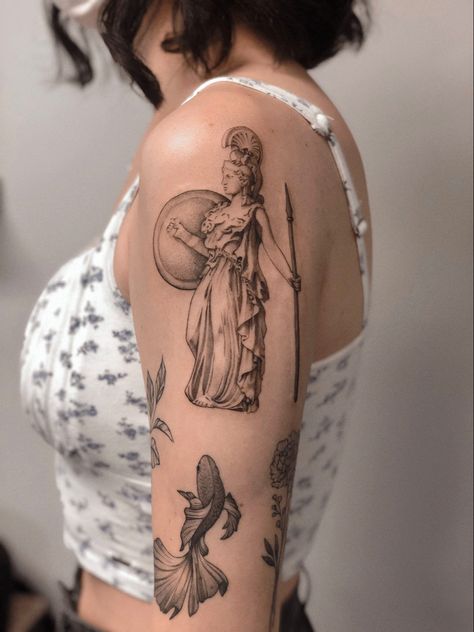 Sleeve Tattoo Pieces For Women, 9 Muses Tattoo, Athena Sculpture Tattoo, Greek Mythology Neck Tattoo, Female Greek Goddess Tattoo, Ancient Greece Tattoo Mythology, Athena Inspired Tattoos, Greek God Tattoo For Women, Athena Statue Tattoo