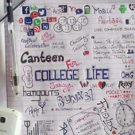 College lyf.. :* School Memories Scrapbook, School Life Memories, Doodle Art Letters, Missing Quotes, Life Sketch, Doodle Quotes, Boho Art Drawings, Simple Mehndi Designs Fingers, Dotted Notebook