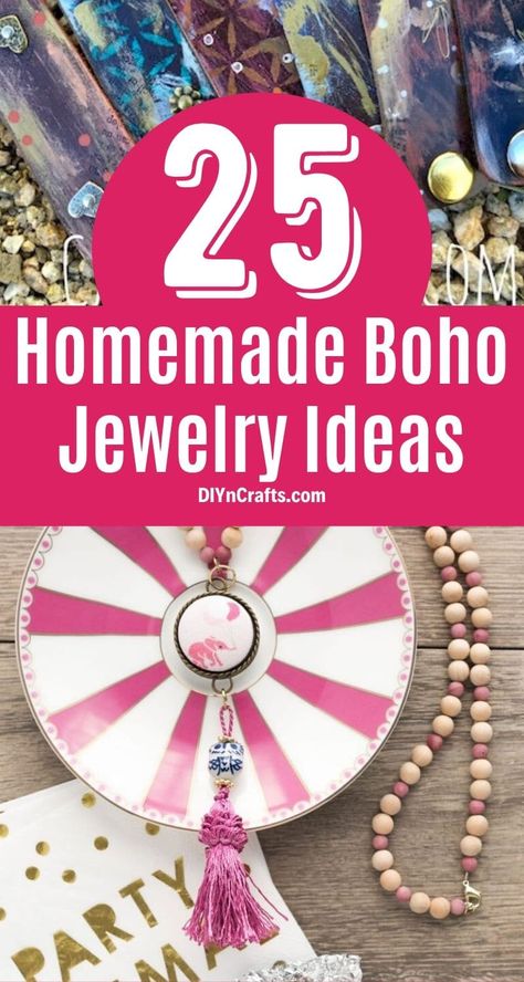 25 Gorgeous DIY Boho Jewelry Pieces That Add Style To Any Wardrobe! Don't miss this amazing list of DIY and easy homemade jewelry pieces. Add unique style to any wardrobe with these fun boho jewelry crafts! #diy #boho #jewelry #handmade #fashion #girlyprojects Boho Beads Decor, Diy Boho Necklace Tutorials, Boho Diy Jewelry Bohemian Style, Boho Necklaces Bohemian Diy, Making Boho Jewelry, How To Make Boho Jewelry, Diy Boho Necklace Ideas, Whimsical Jewelry Aesthetic, Wooden Bead Necklace Diy