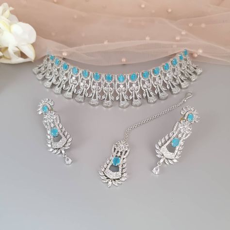 Light Blue Necklace, Blue Jewelry Set, Bridal Jewelery, Choker Necklace Designs, Indian Bridal Jewellery, Diamond Choker Necklace, Statement Choker Necklace, Silver Necklace Set, Fancy Jewellery Designs