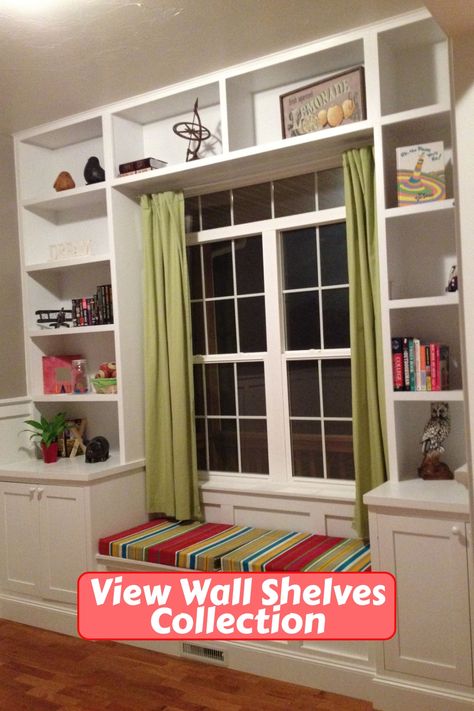 Built in bookshelves around the window with a seat for daydreaming. I had these custom built at our last house and we plan to do it ourselves at the new house! The seat opens with a piano hinge for extra storage. Our contractor added ducting to bring the heat vent forward. They were perfect! #Built-ins #storage #office Bookcase Round Window, Window Bookshelf Ideas, Built In Bookshelves Window, Bookshelf With Window Seat, Built In Shelves Around Window, Window Seat Bookshelf, Bookshelves Around Window, Built Ins Around Window, Shelf Over Window