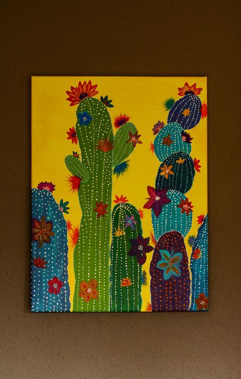 Mexican Cactus Painting, Cactus Paintings Acrylic, Saguaro Cactus Painting, Bohemian Art Inspiration Painting, Bohemian Painting Ideas, Mexican Canvas Painting, Cactus Painting Acrylic, Easy Cactus Painting, Unique Acrylic Paintings