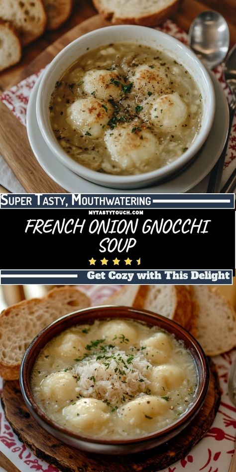 There's nothing quite like a warm bowl of French Onion Gnocchi Soup to chase away the chill! This dish is not only delicious but also super comforting. Imagine soft, pillowy gnocchi swimming in a rich, savory broth, topped with fresh herbs. Grab a slice of crusty bread, and you're all set for a cozy evening. Perfect for sharing with family or enjoying alone while curled up with a good book! French Onion Gnocchi Soup, French Onion Gnocchi, Gnocchi Recipes Soup, Chicken Gnocchi Soup, Gnocchi Soup, Cozy Evening, Cozy Meals, Crock Pot Soup, French Onion Soup