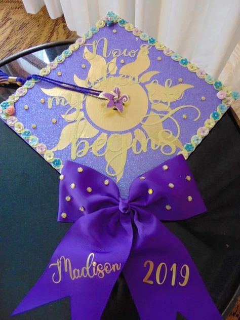 Graduation Cap Rapunzel, Graduation Cap Designs Rapunzel, Rapunzel Graduation Cap, Rapunzel Grad Cap, Tangled Graduation Cap, Year Board, Graduation Cap Decoration Diy, Custom Graduation Caps, Cap Graduation