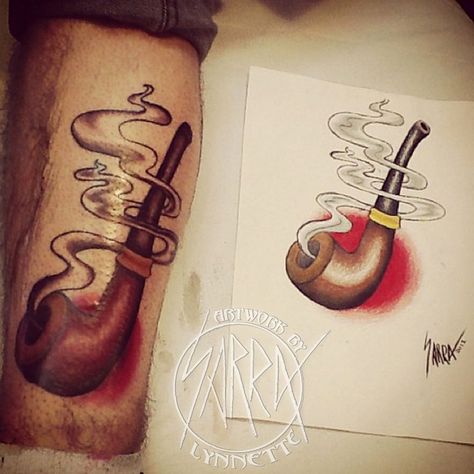 Traditional tobacco pipe tattoo by Sarra Lynnette Owen Jensen, Pipe Tattoo, American Traditional Sleeve, Old School Ink, Americana Tattoo, Sunset Tattoos, Traditional Sleeve, Black White Tattoos, Old School Tattoo Designs