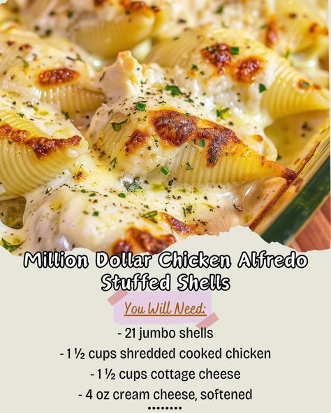 Ingredients: 1 1/2 cups cooked chicken, 1 1/2 cups cooked pasta, 1 cup Alfredo sauce, 1 cup ricotta cheese, 1/2 cup shredded mozzarella, 1/2 cup grated Parmesan, 1 egg, 1 tsp garlic powder, salt & pepper\nInstructions: Preheat oven to 375\xc2\xb0F. Cook pasta according to package. Drain & set aside. In a large mixing bowl, combine chicken, pasta, Alfredo sauce, ricotta cheese, mozzarella, Parmesan, egg, garlic powder, salt & pepper. Mix well\n#Foodie #ChickenAlfredo #StuffedShells Pasta Alfredo Sauce, Chicken Alfredo Stuffed Shells, Alfredo Stuffed Shells, Million Dollar Chicken, Stuffed Shells Ricotta, Cheese Mozzarella, Pasta Alfredo, Shells Recipe, Cooked Pasta