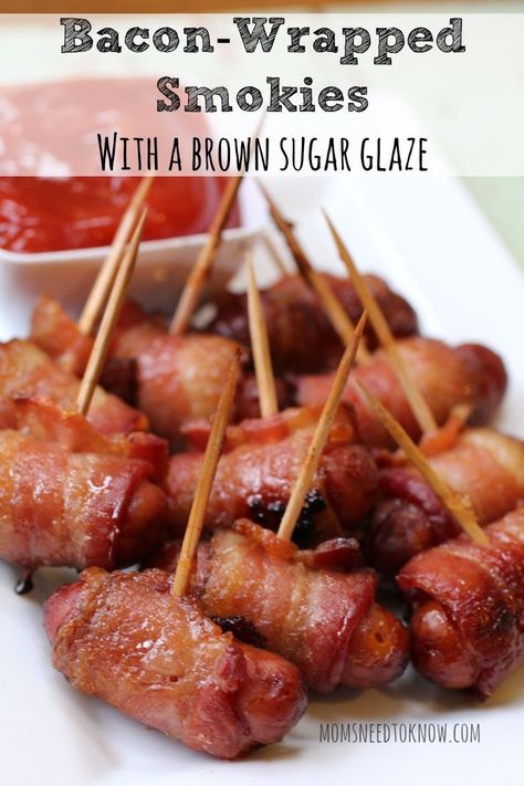 These bacon-wrapped smokies are always a big hit at any party and they are really easy to make. Homeschool Meals, Wrapped Smokies, Bacon Wrapped Smokies, Lil Smokies, Brown Sugar Glaze, Thrifty Thursday, Party Starters, Easy Budget, Sugar Glaze